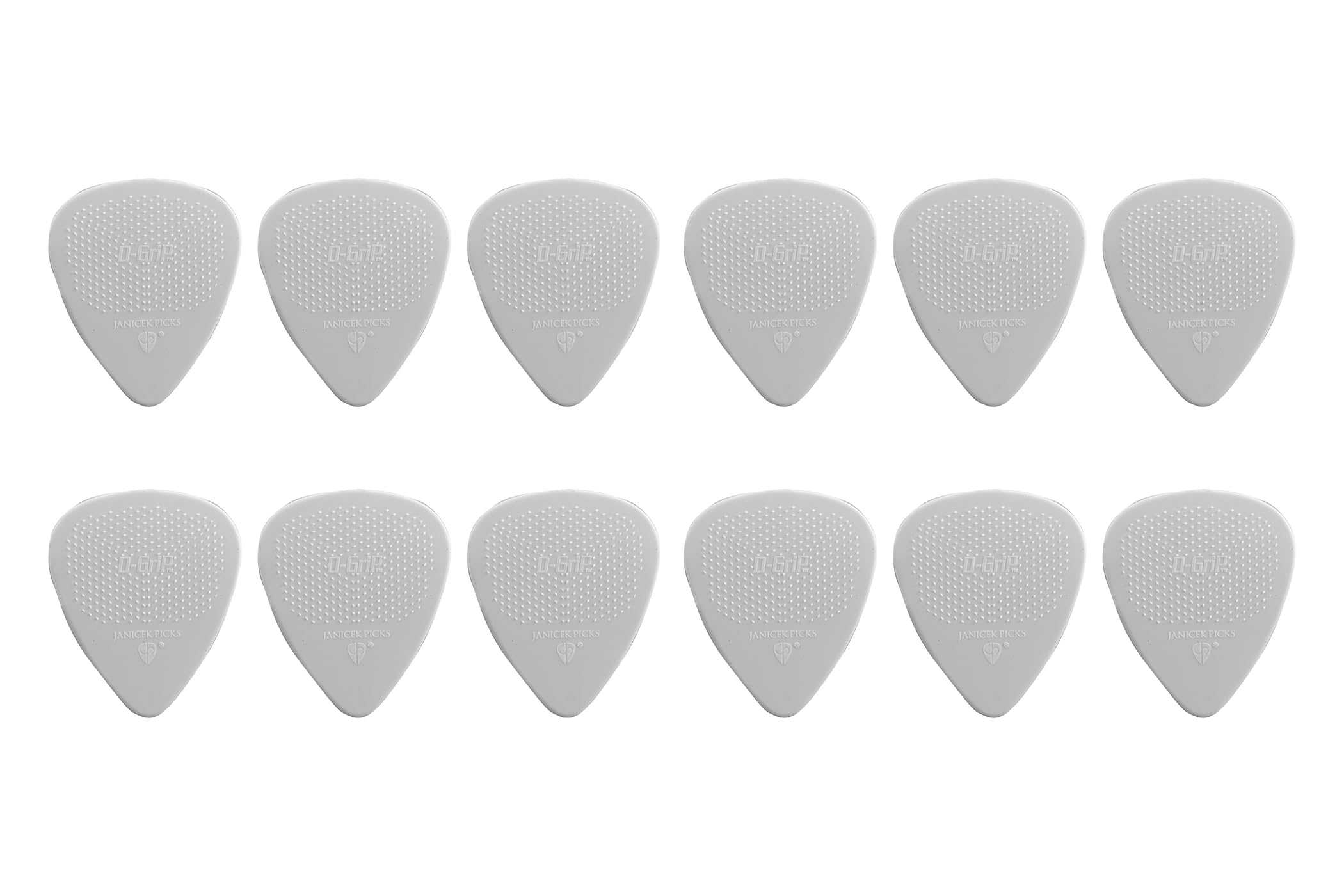 D-Grip Plectrum – Janicek Nylon Picks – Standard 351 Shape – 0.38 mm White – Pack of 12 – with non-slip textured surface – made in Czech Republic