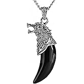 BEADNOVA Mens Gemstone Crystal Wolf Tooth Tribal Pendant Necklaces with Stainless Steel Chain 18"