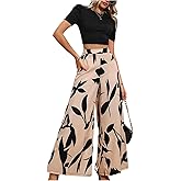 SweatyRocks Women's 2 Piece Vacation Outfits Boho Puff Sleeve Crop Tees and Wide Leg Pants Matching Set