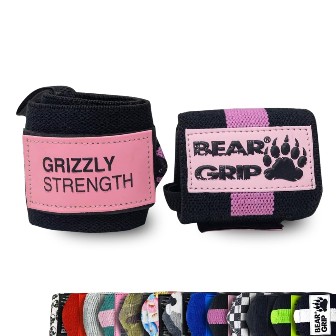 BEAR GRIP - Premium Heavy Duty Weight Lifting Wrist Wraps, Bodybuilding, Crossfit, Powerlifting, StrongMan (Black/Pink, 18 Inches)
