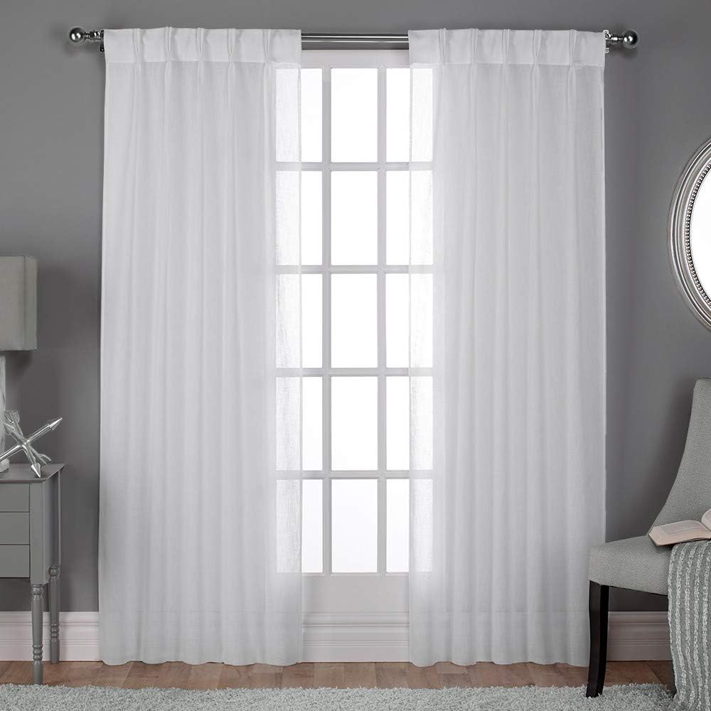Exclusive Home Curtains Belgian Sheer Textured Linen Look Jacquard Pinch Pleat Panel Pair, 108" Length, Winter White, 2 Piece