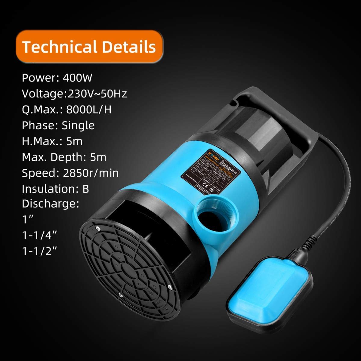 KATSU 400W Portable Submersible Pump for Clean and Dirty Water for