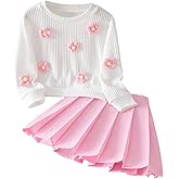 WDIRARA Toddler Girl's Cute 3D Floral 2 Piece Outfits Long Sleeve Sweater Pleated Mini Skirt Set