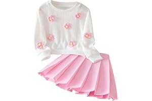 WDIRARA Toddler Girl's Cute 3D Floral 2 Piece Outfits Long Sleeve Sweater Pleated Mini Skirt Set