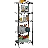 Golpart Small 5 Tier Shelves Storage Wire Shelving Unit Metal Shelf Adjustable Organizers Storage Shelving with Wheels for Bathroom Laundry Room Kitchen Pantry12”D x 18”W x 57.2”H Black
