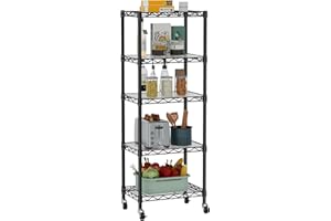 Golpart Small 5 Tier Shelves Storage Wire Shelving Unit Metal Shelf Adjustable Organizers Storage Shelving with Wheels for Bathroom Laundry Room Kitchen Pantry12”D x 18”W x 57.2”H Black