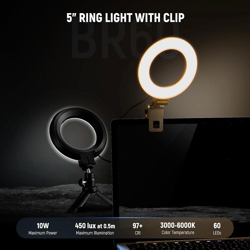 BASICS Ring Light 5" per Video Conferenza, Kit Luce a Clip con Treppiede Tavolo (2pz) per Monitor Laptop Computer Chiamate Zoom Streaming Live Lavoro a Distanza Studio Registrazione Video, BR60