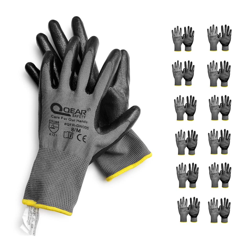 QEARSAFETY 12 Pairs Nitrile Rubber Coated Work Safety Gloves, Multi-Function, Light-Weight, Abrasion, Oil/Greasy Resistance Palm (9/Large)