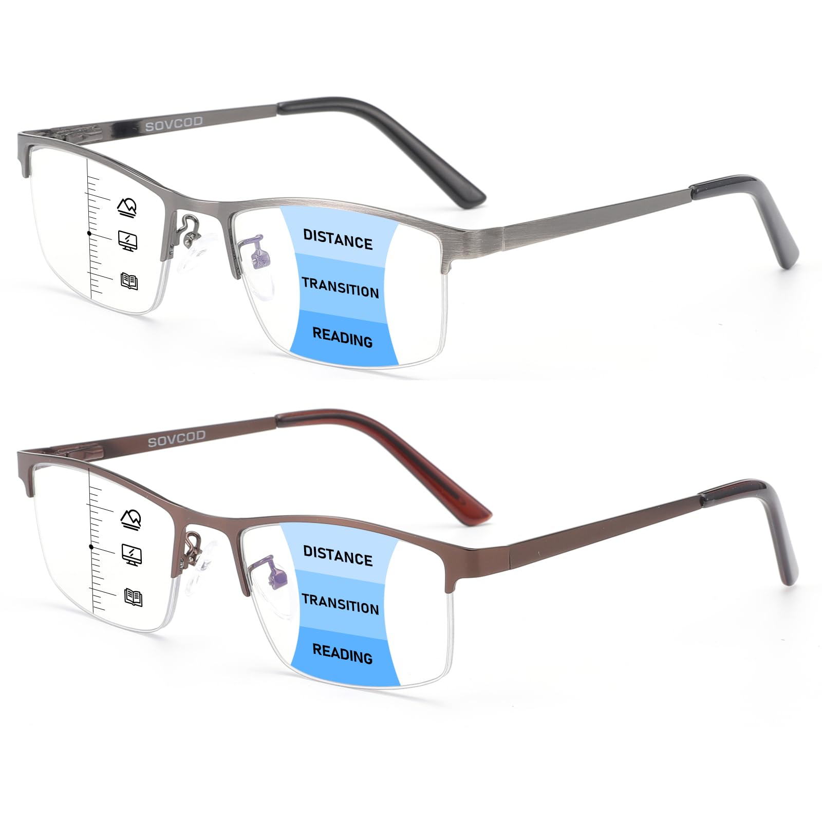 SOVCOD 2-Pack Progressive Multifocus Reading Glasses for Men, Metal Half Frame Blue Light Blocking Readers Lightweight Computer Glasses Multifocal Eyeglasses (Brown & Gun, 1.0, x)