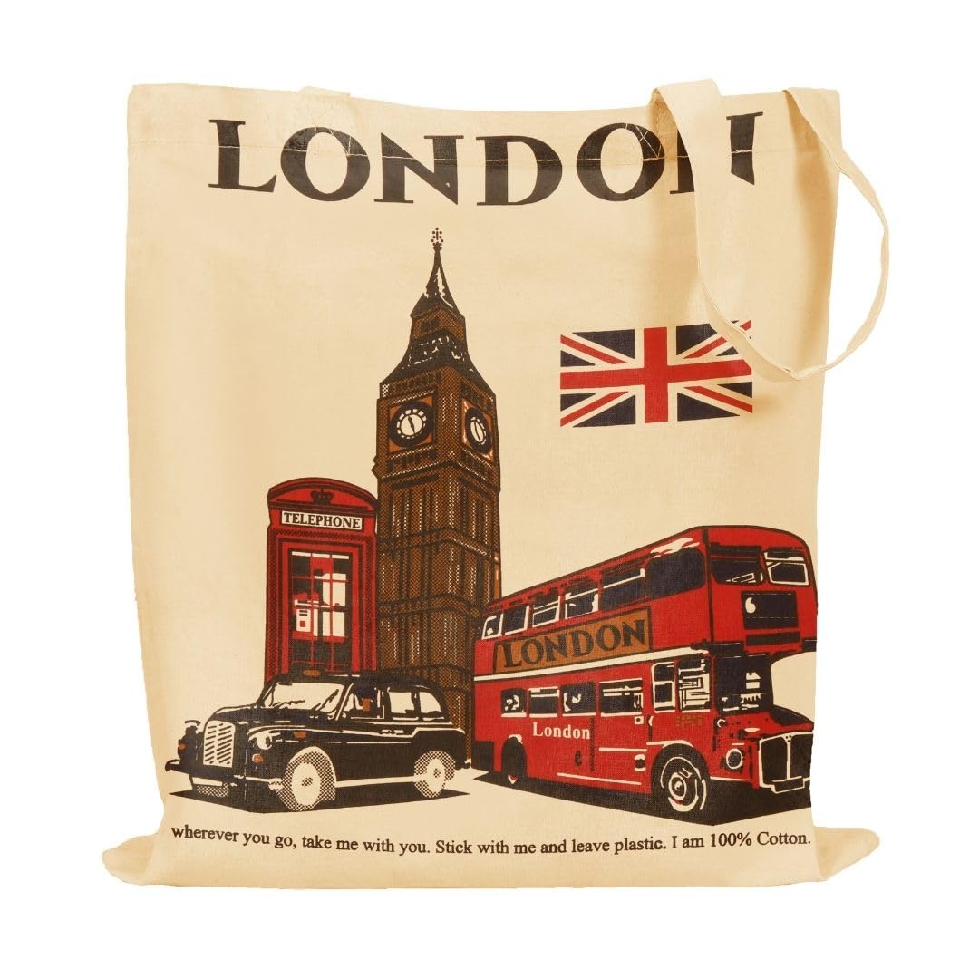 MINIMARG Printed 100% Cotton Tote Bag Souvenir for Presents | London Canvas Gift Bag | Reusable UK Shopping Bag | Size 38x42cm+65cm long Handle (The London City)