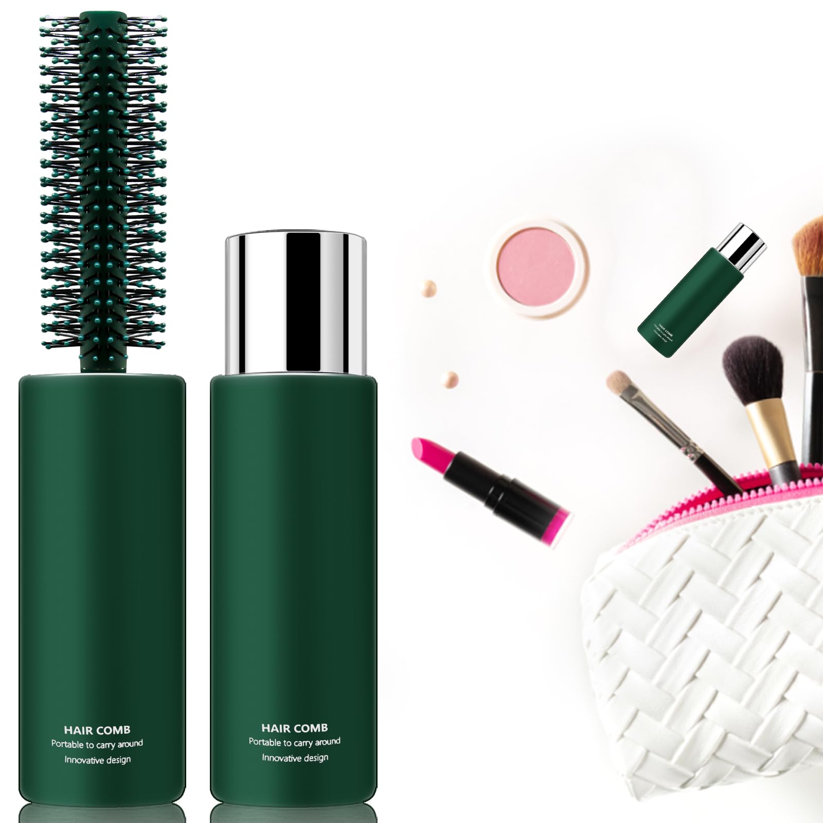 Travel Round Brush for Blow Drying, Hair Brush Curly for Curly Hair, Brush for Styling Curling Straightening Hairs Wet & Dry for Women(Green)