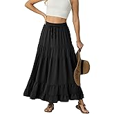 IWOLLENCE Women's Flowy Boho Elastic High Waist Maxi Skirt Floral A-Line Tiered Long Skirts for Women with Pockets