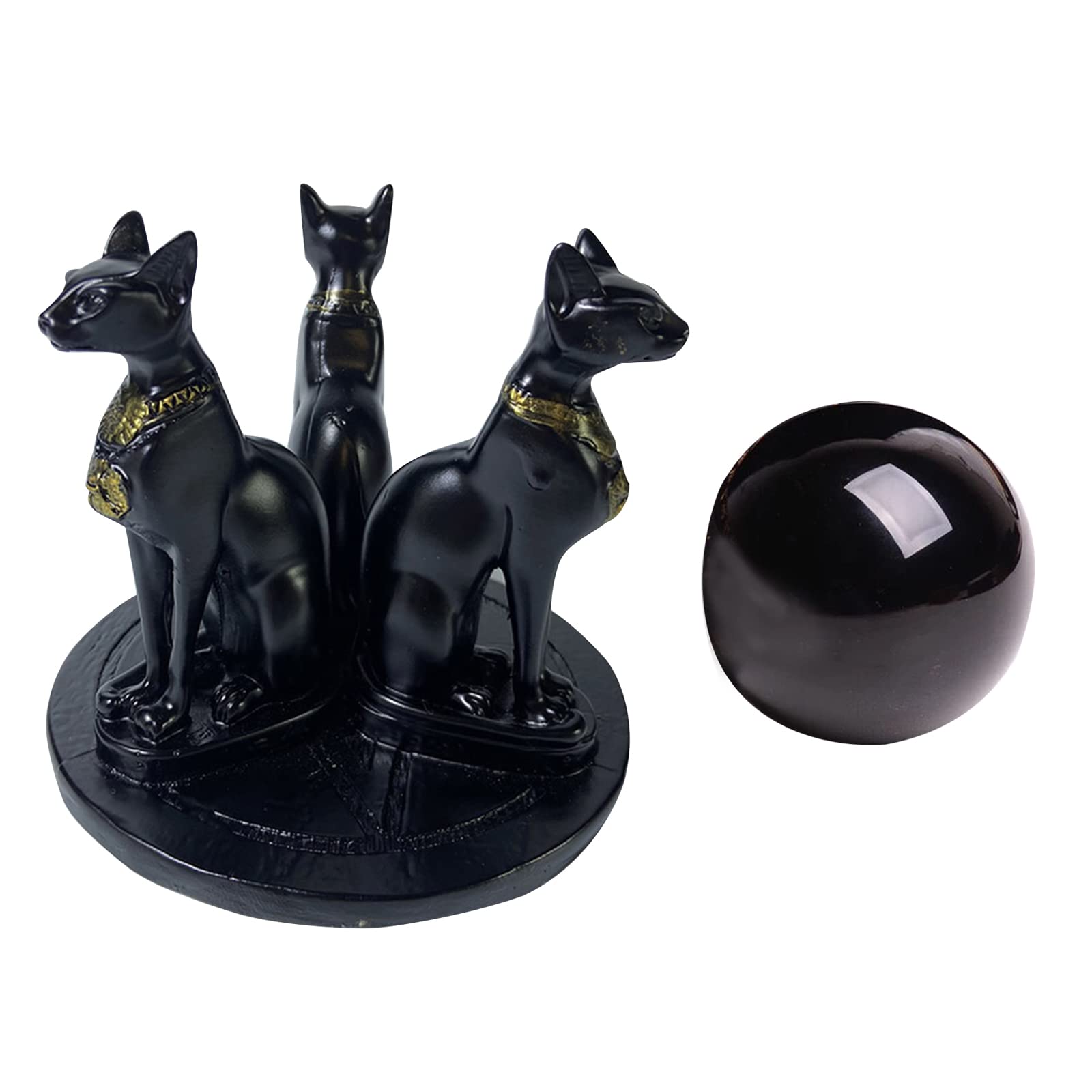 soulnioi 3.5cm Natural Obsidian Ornament Sphere Ball Fengshui Healing Crystal Decoation Meditation Ball, and Kitten Base Carving Altar Ceremony Resin Crafts Small Ornament, For Home Desk Dector