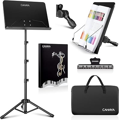 CAHAYA 5 in 1 Heightened Dual-use Sheet Music Stand & Desktop Book Stand Metal Portable Solid Back with Height Adjustable from 31.4-67in Including Carrying Bag, Sheet Music Folder & Clip CY0304