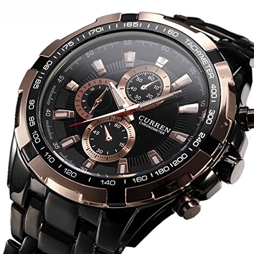 Curren Quartz Tungsten Steel Precision Inveted Vogue Business Mens Big Watch 3ATM Waterproof Black Gold