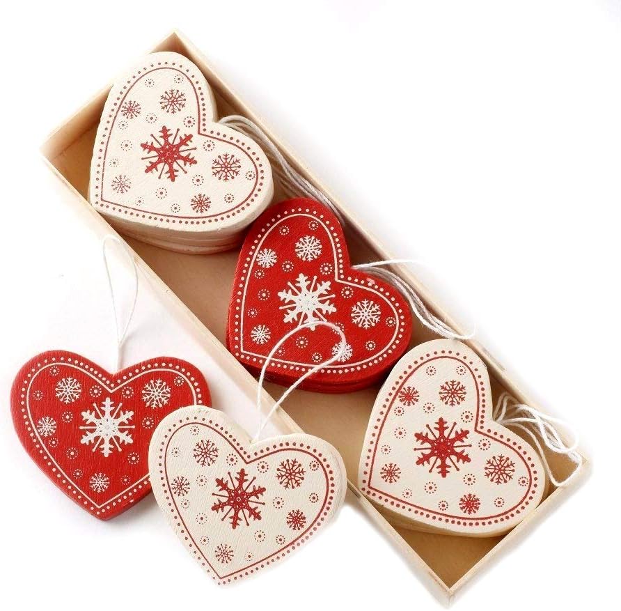 Box Of 12 Traditional Vintage Style Red Cream Wooden Heart Shapes