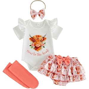 Ysfanwuxi New to the Herd Baby Girl Outfit Western Newborn Cowgirl Clothes Summer Highland Cow Onesie Romper Shorts Set