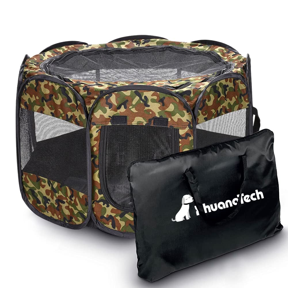 XhuangTech Soft Fabric Portable Foldable Pet Dog Cat Puppy Playpen, Indoor/Outdoor use Pet Kennel Cage Travel Pet Carrier + Carrying Case… (Camouflage)