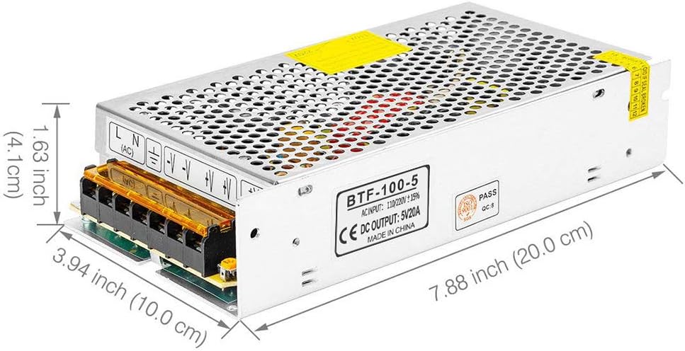 BTF-LIGHTING DC5V 20A 100W Aluminum Power Supply for WS2812B APA102 LED8806 WS2801 SK6812 LED Strip Modules Light