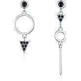 WOSTU Asymmetrical Triangle Earring 925 Sterling Silver Black Geometric Circle Drop Earring with Cubic Zirconia Mismatched Hypoallergenic Dangle Earring Dainty Stud Earrings for Women Girls Jewelry