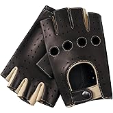 Hanotolo Men's Fingerless Leather Gloves - Unlined Lambskin Leather Driving Gloves