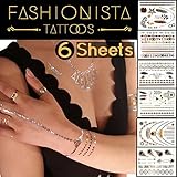Fashionista Flash Tattoos - Best 87 Metallic Temporary Tattoos on 6 Sheets in Gold, Silver and Black Elegant Design