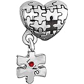 MiiFort Autism Awareness Jigsaw Puzzle Love Heart Dangle Charm Compatible with Pandora Bracelets Red CZ Support Women Christmas Family Daughter Sister Granddaughter