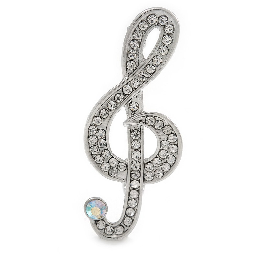 Clear Crystal Treble Clef Brooch In Silver Tone Metal - 45mm L