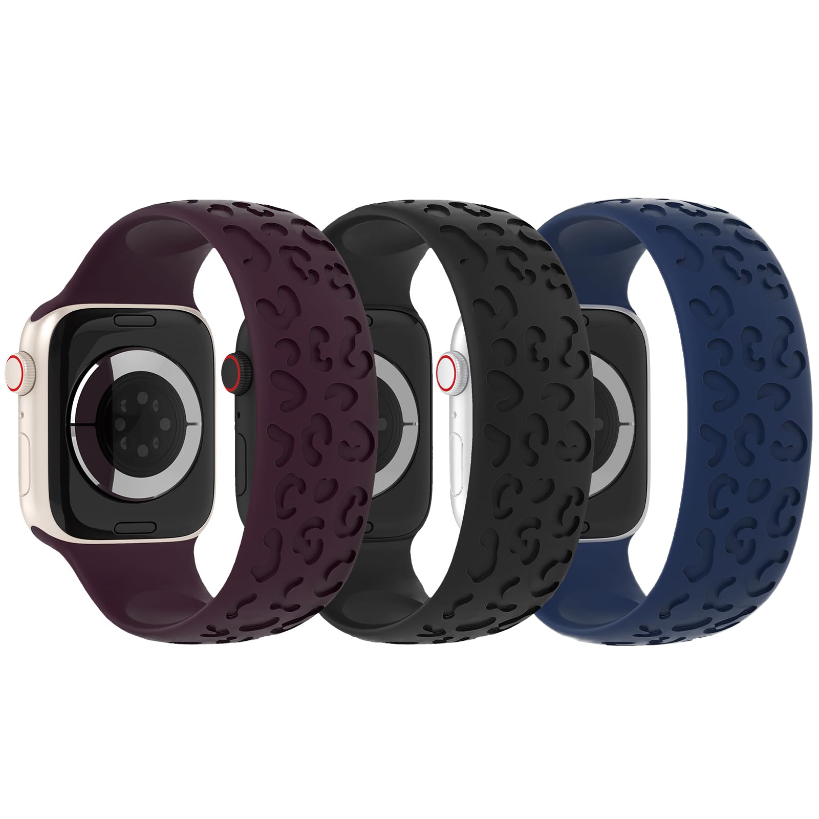 Photo 1 of 3 Pack Leopard Engraved Silicone Solo Loop Compatible with Apple Watch Band 38mm 40mm 41mm 42mm 44mm 45mm 46mm 49mm, Soft Elastic Stretchy Strap for iWatch Bands Series 10 9 8 7 6 5 4 3 2 1 SE Ultra