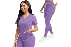 YEZEX Scrubs for Women Set, Women's V-Neck Top & Jogger Scrub Pants, Nursing Uniform Scrubs Set with 8 Pockets