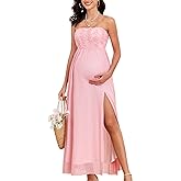 AISWI 3D Floral Mesh Split Strapless Maternity Dress Tube A-Line Pregnancy Dresses Baby Shower Photoshoot