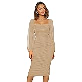 Plustrong Women's Mesh Ruched Bodycon Midi Dress Long Sleeve Square Neck Formal Cocktail Wedding Guest Dresses