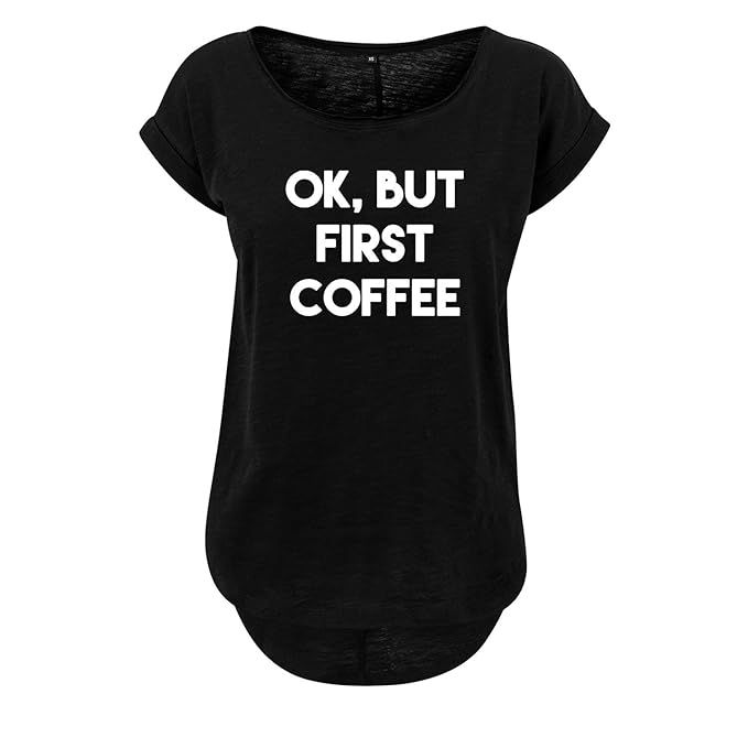 Ladies Fashion Leichter Oversize Shirt Tanktop Ok but First Coffee - Schwarz & Weiß - Hinterer Schnitt Länger mit Motiv - Neu