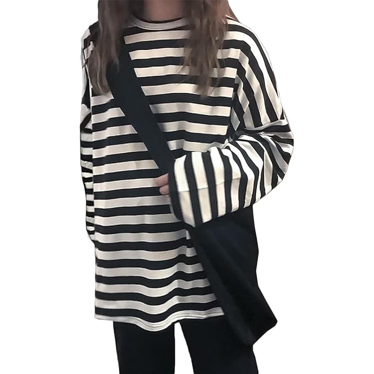 トップス STRIPED WOOL OVERSIZED LONG SLEEVE TEE M Women Harajuku Oversized Stripe Casual Long Sleeves Crewneck T