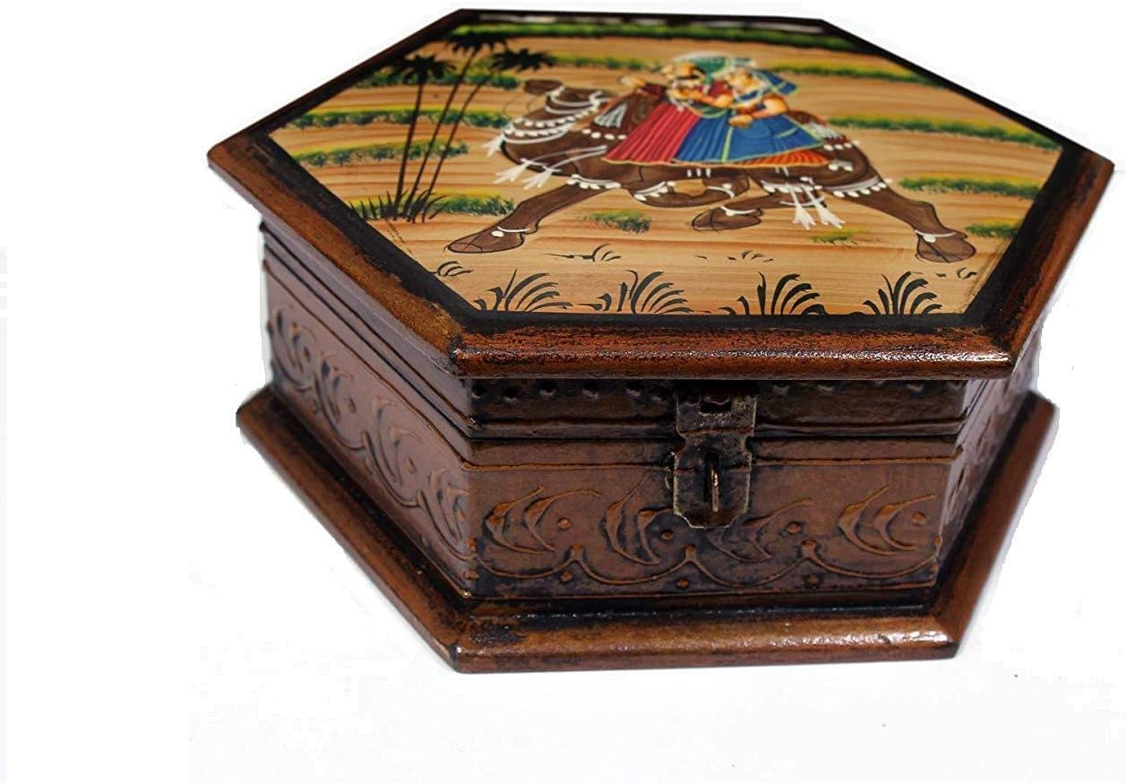 Adorn World JewelryWooden Rajasthani Box with Handicraft Printing | Multipurpose Box | Wooden Jewellery Box | Wooden Dry Fruit Box with Four Partition | Supari Daan – (Pack of 1)