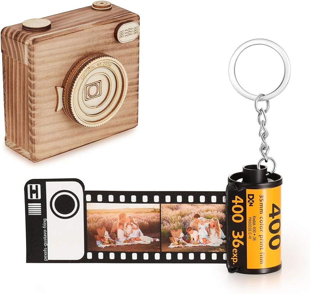 Personalisierte Schlüsselring mit 10 Fotos und Kamera Box Retro Kamera