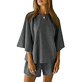 Tankaneo Womens Pajama Sets 3/4 Sleeve Oversized Tops and Elastic Waist Shorts Lounge Sets Loungewear