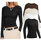 Ekouaer 4 Pack Women's Long Sleeve Basic Shirts Fitted Workout Tops Athletic Underscrubs Undershirts XS-XXL