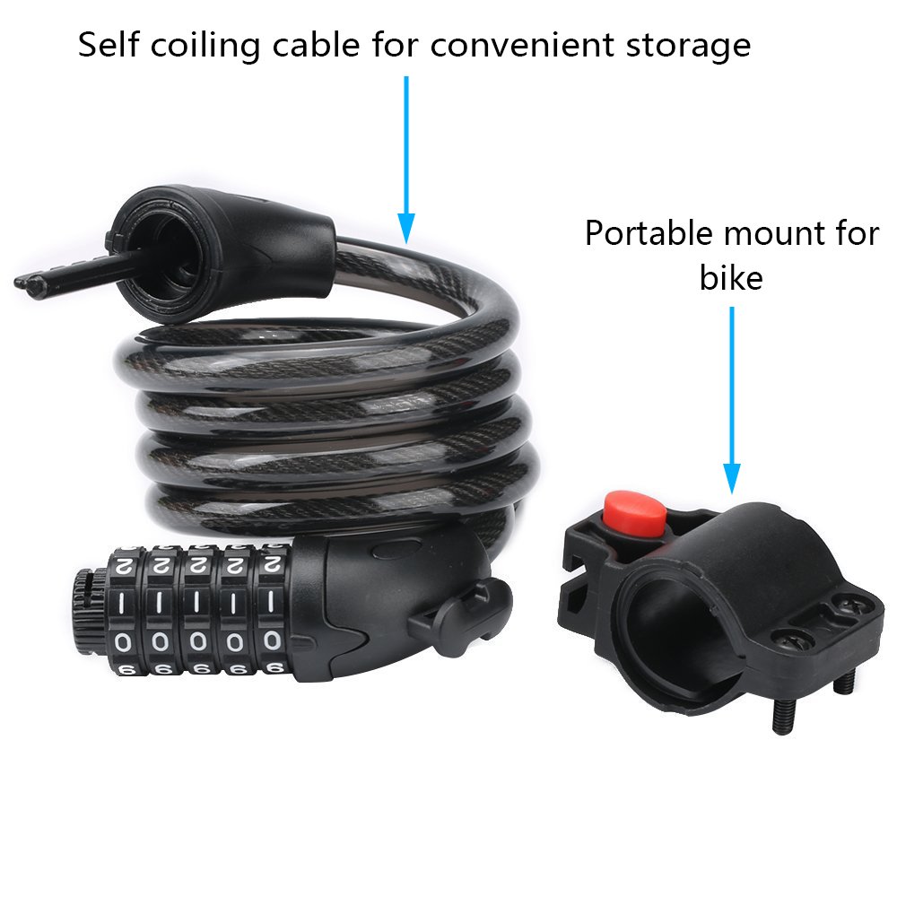 Security Bike Lock Combination Resettable With 5 Digital Code,4 Feet Self Coiling Cable Bike Lock For Mountain Or Road Bike With Complimentary Mounting Bracket