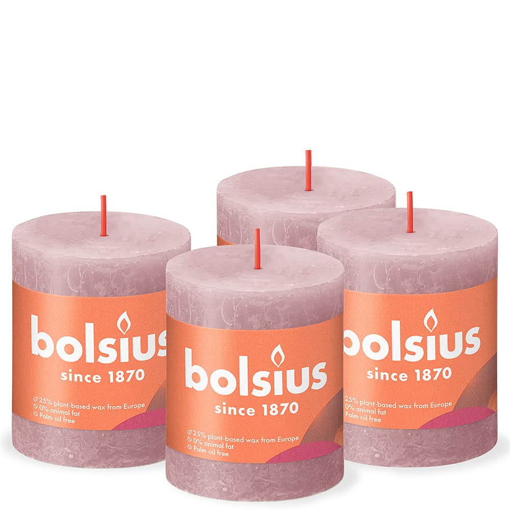 Bolsius Rustic Pillar Candle - Old Pink - Pack of 4 - Long Burning Time of 35 Hours - Household Candle - Interior Decoration - Unscented - Natural Vegan Wax - No Palm Oil - 8 x 7 cm