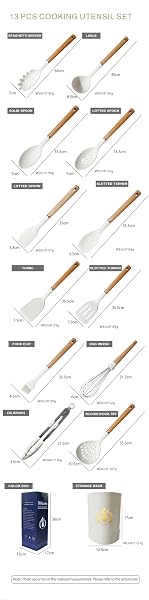 JIUFEI HOME 13-PIECE SILICONE KITCHEN UTENSILS SET, WOODEN HANDLE NONSTICK COOKING TOOLS WITH SPATULA TURNER TONGS LADLE, HEAT RESISTANT 450°F BPA-FREE DISHWASHER SAFE COOKWARE ACCESSORIES (WHITE)