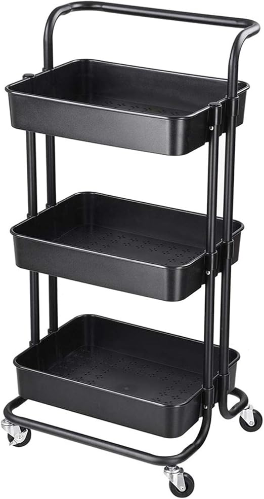 3Tier Rolling Utility Cart with Handle, Metal Rolling Storage Cart and