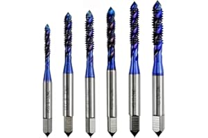 Wolfride 6Pcs Spiral Flute Tap Set, HSS Machine Screw Taps SAE Thread Tapping Tool Blue Coated Spiral Taps Drill Bits 6-32NC 8-32NC 10-24NC 10-32NC 12-24NC 1/4-20NC