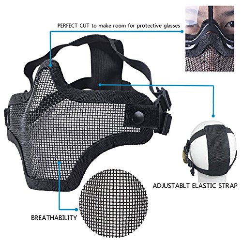WalkingMan Skull Airsoft Mask and Goggles - Tactical Lower Face Mask Steel Metal Mesh - for BB Gun/CS Game/Paintball - Outdoors Ghost Mask Army for Men&Women (Black gogles)