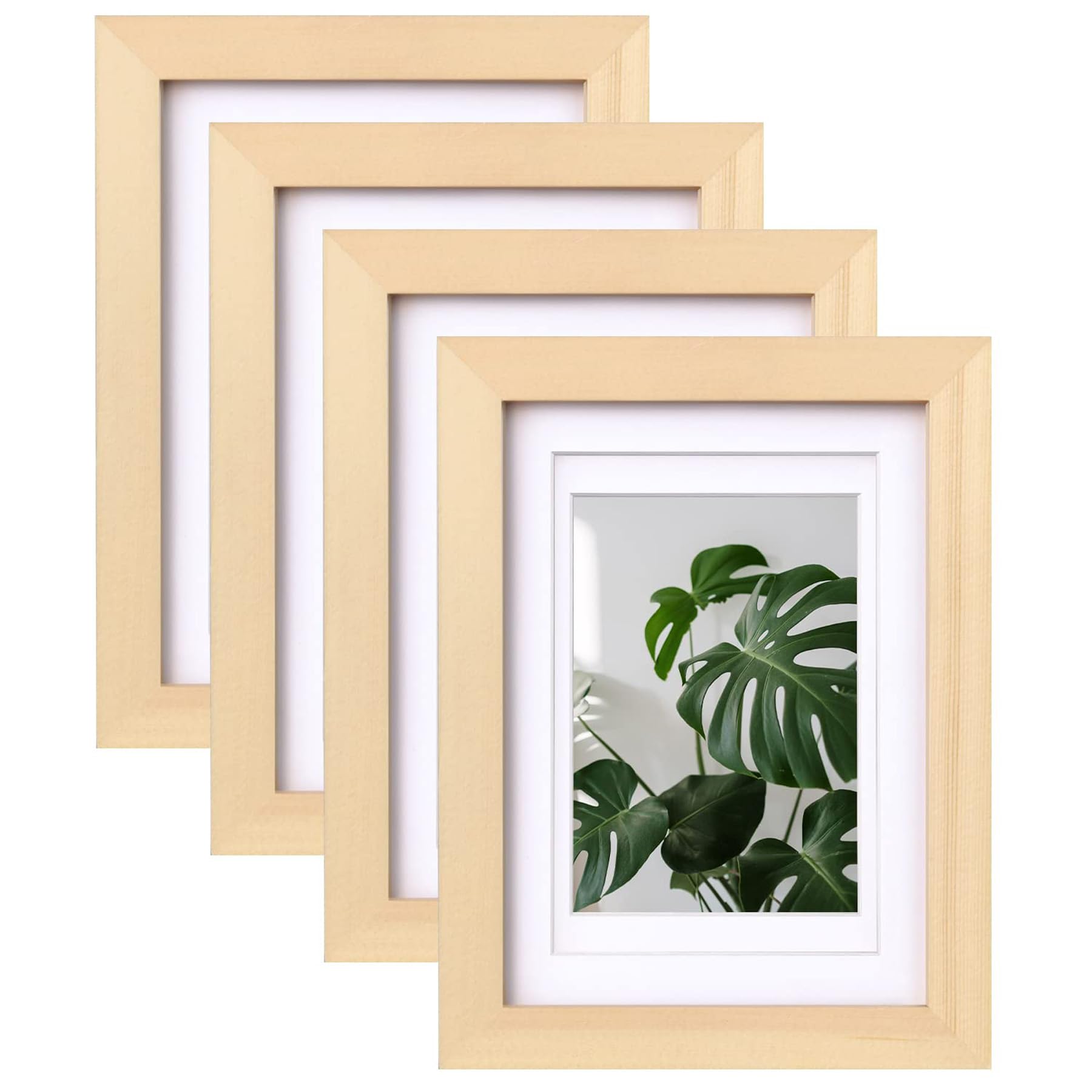 EGOFINE 7x5 Picture Frames Set of 4, Made of Solid Wood Matted for 4x6, Solid Wood Picture Frames for Tabletop and Wall Mounting, Natural Wood
