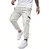 JEMLDL Mens Casual Cargo Joggers Pants—Pure Cotton Chino Pants Drawstring Hiking Outdoor Twill Sweatpants with Zipper Pocket