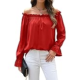 Halife Women Off Shoulder Blouses Long Sleeve Ruffle Trim Loose Casual Shirts Tops