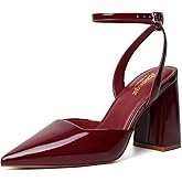 RIBONGZ Block Heels for Women Closed Pointed Toe Heeled Slingback Chunky High Heel Ankle Strap Pumps Patent Leather Comfort Dressy Shoes for Work Party Prom Wedding Bridal Dress
