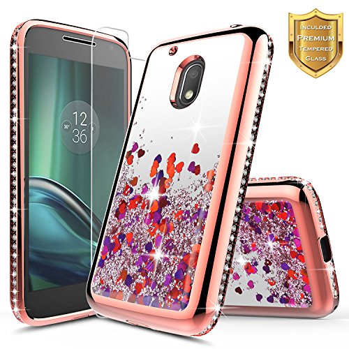 Moto G4 Play/Moto G Play Case w/[Tempered Glass Screen Protector], NageBee Glitter Liquid Quicksand Waterfall Flowing Sparkle Shiny Diamond Cute Case for Moto G Play 4th Gen -Electroplate Rose Gold