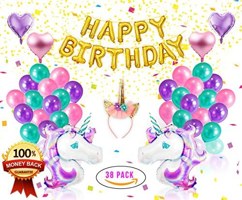 Unicorn Party Supplies & Decorations - Pink Unicorn Headband with Horn- Gold Happy Birthday Foil Balloon Banner - Magical Children’s Birthday Party Decor Accessories - Heart Balloons
